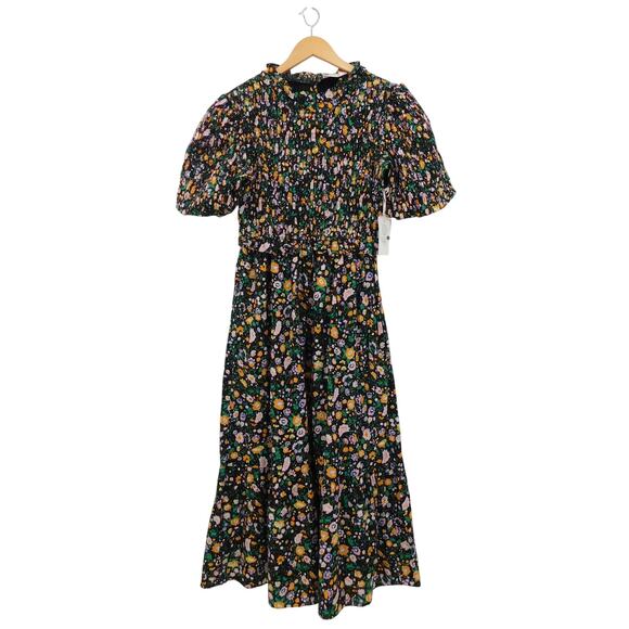NWT Hyacinth House Black Multi Floral Smocked Samantha Midi Dress Size Small - Picture 1 of 7